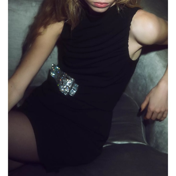 ZARA Black Ruched Cocktail Dress Rhinestone Belt Glam Party Dress - Picture 13 of 14